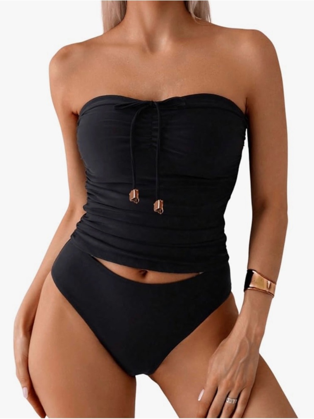 Strapless Black Ruched Two-Piece Swim Set - Picture 4 of 9
